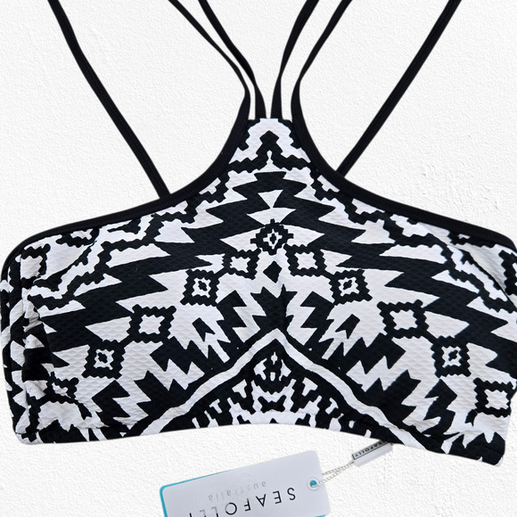 Seafolly Black White Tribal Aztec Print Strappy Bikini Top Swimwear Size 8 NWT - Picture 2 of 7